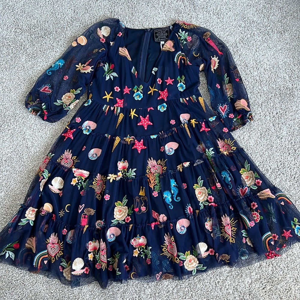 Johnny Was v neck embroidered ruffle tiered knee length dress.